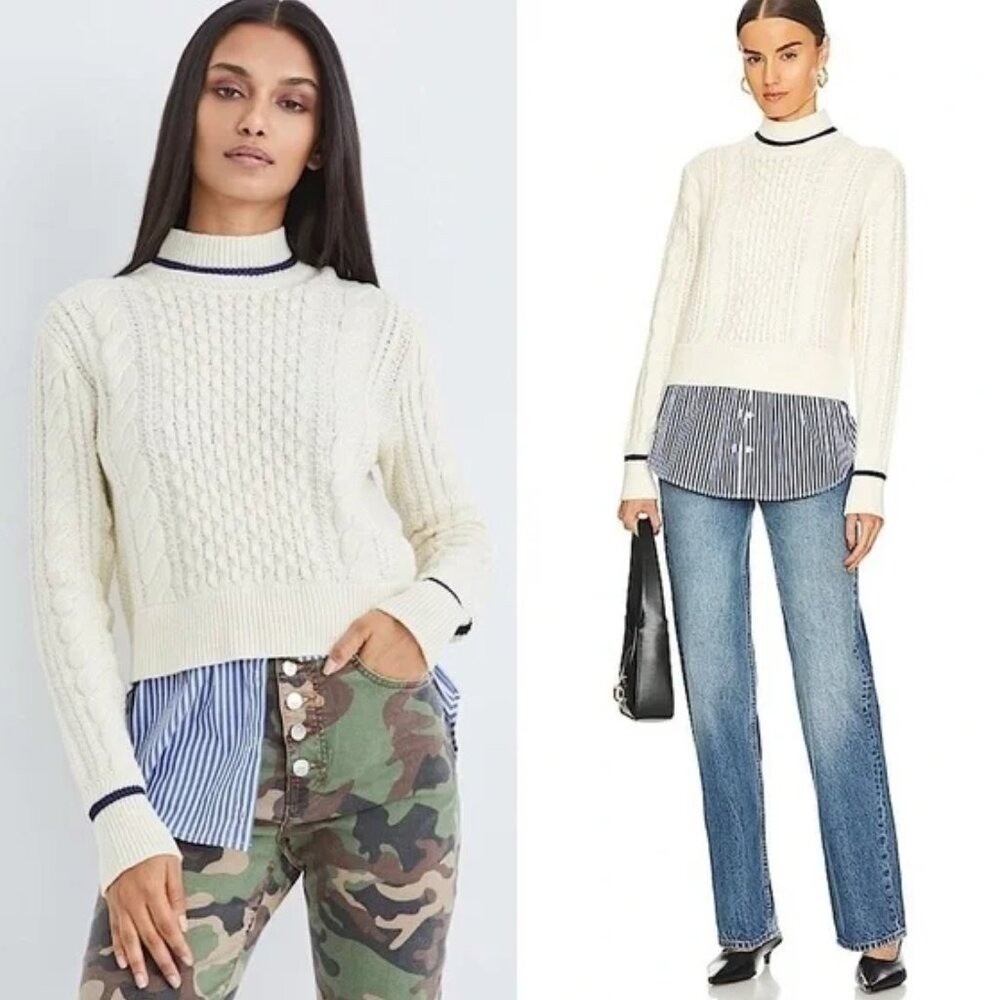 Veronica Beard Fritz Mixed Media High Neck Cable Knit Sweater Preppy RARE‎ XL